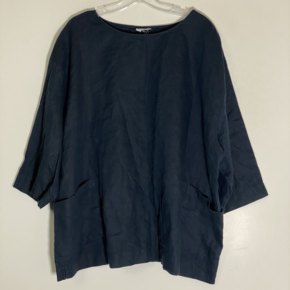J Jill Pure Jill Top Womens 3X Blue Linen Boxy Lagenlook Oversized Tunic Pockets